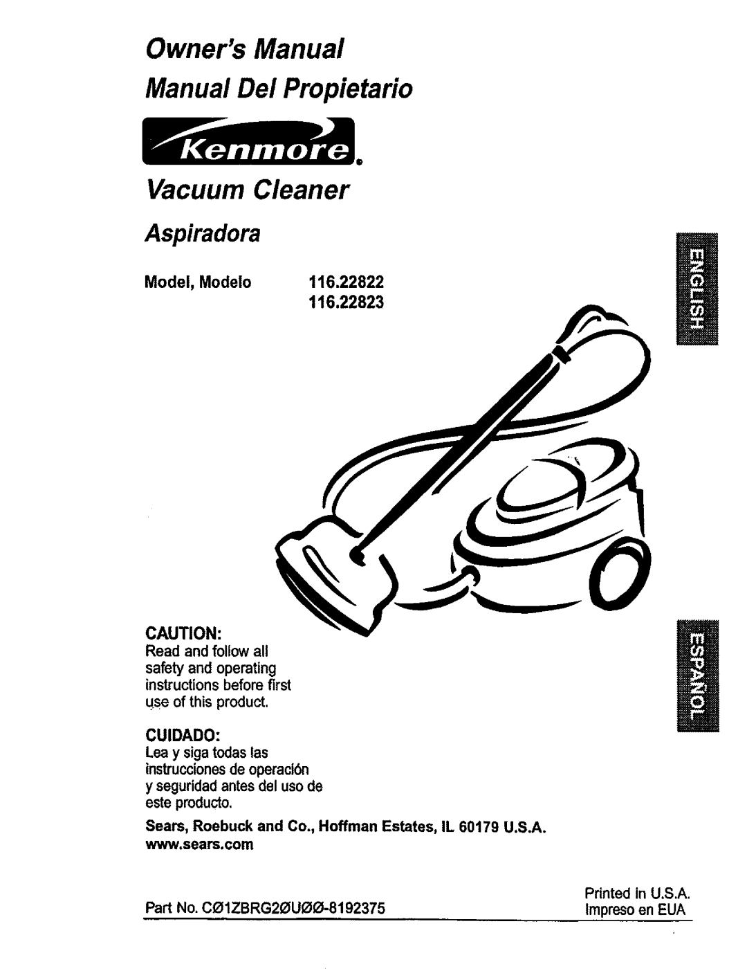 Kenmore owner manual 116.22823, Model, Modelo116.22822, Read and follow all, use of this product CUIDADO, Aspiradora 