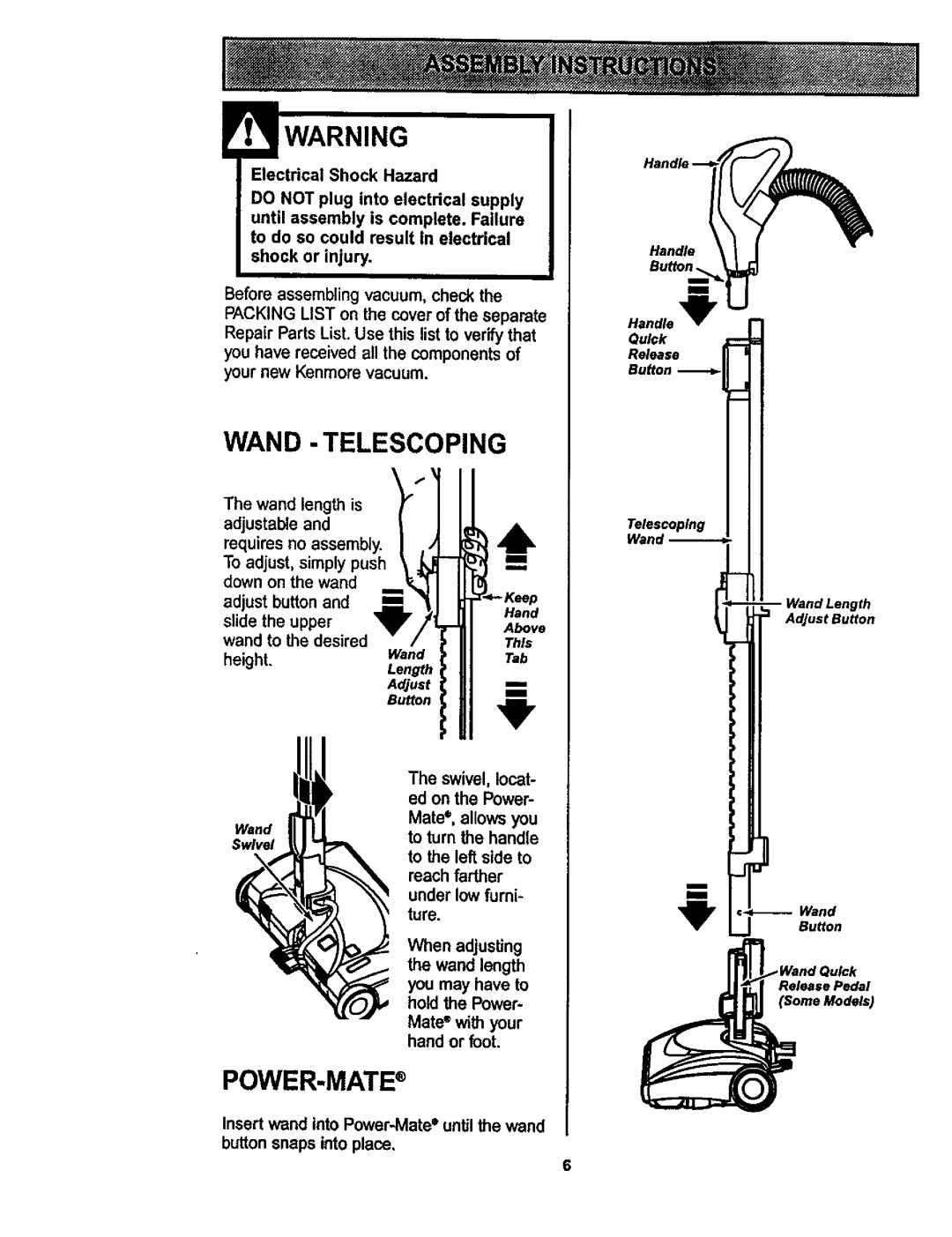 Kenmore 116.22823, 116.22822 owner manual Wand -Telescoping, Power-Mate, ElectricalShock Hazard 