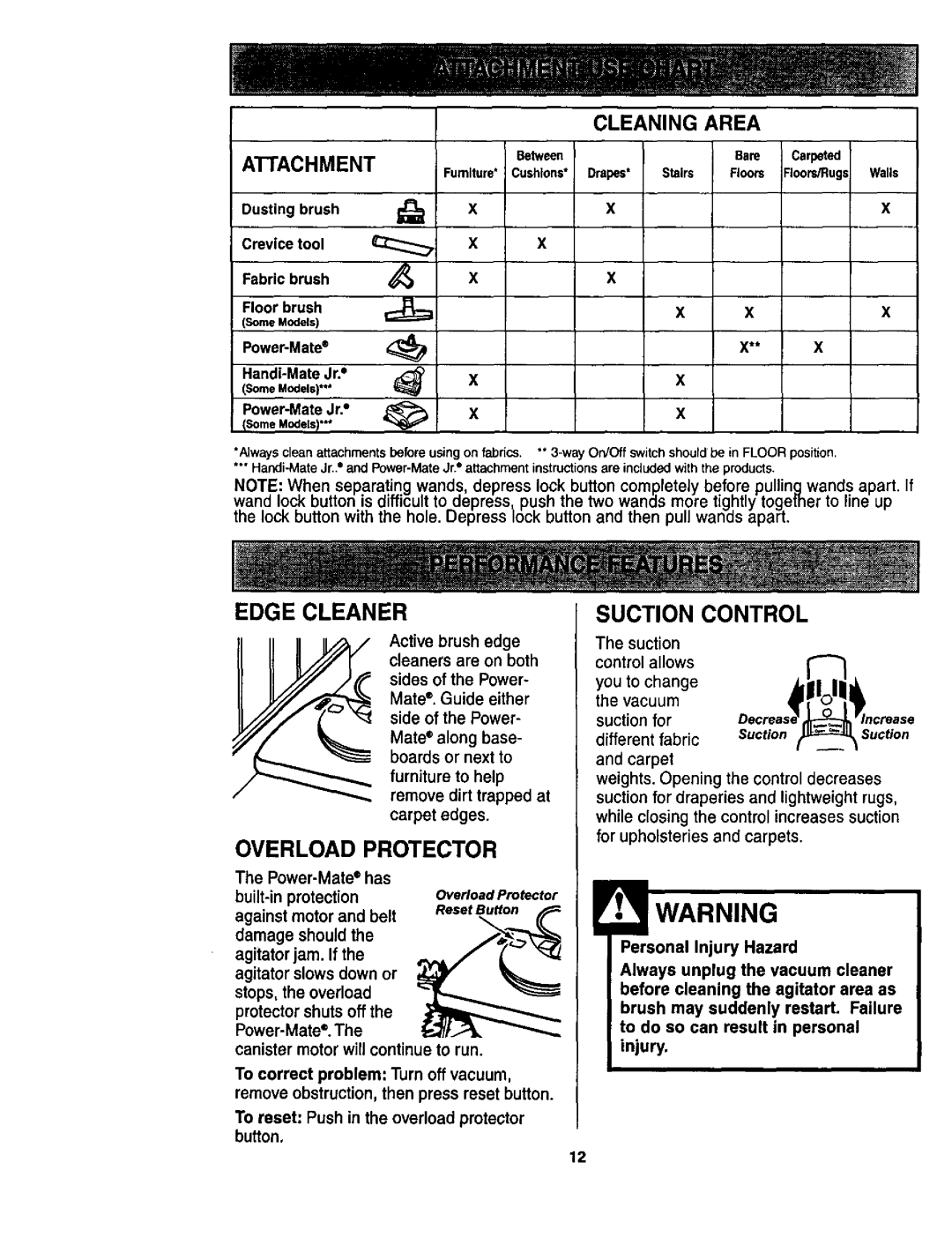 Kenmore 116.23513, 116.23512 owner manual Edge Cleaner, Overload Protector, Suction Control 