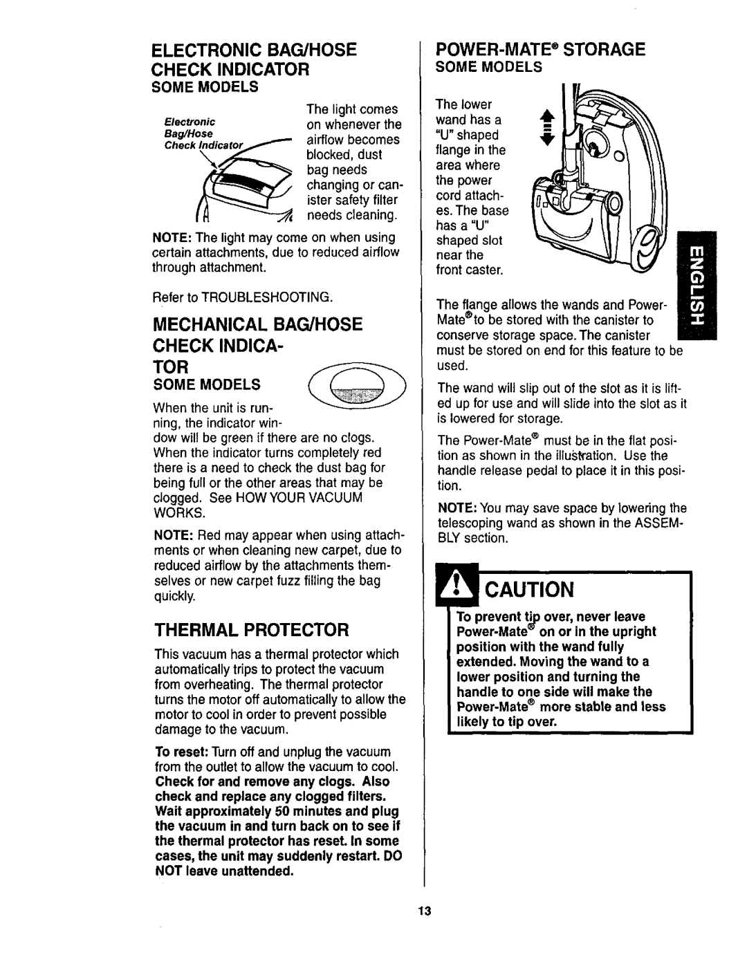 Kenmore 116.23512, 116.23513 Electronic BAG/HOSE Check Indicator, Mechanical BAG/HOSE Check Indica TOR, Thermal Protector 