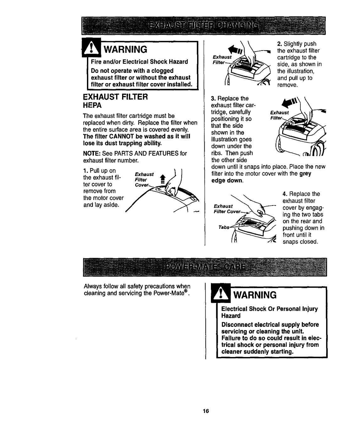 Kenmore 116.23513, 116.23512 owner manual Iwarning, Electrical Shock Or Personal Injury Hazard, Cover, Exhaust, Filter 