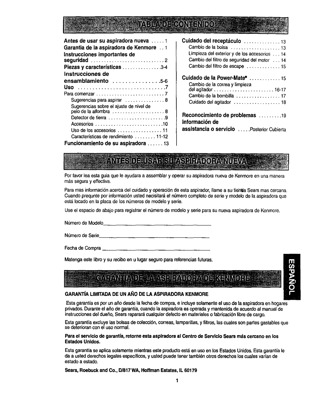 Kenmore 116.23512 Garantia de la aspiradora de Kenmore, Instrucciones Importantes de, De su aspiradora, Del receptdculo 