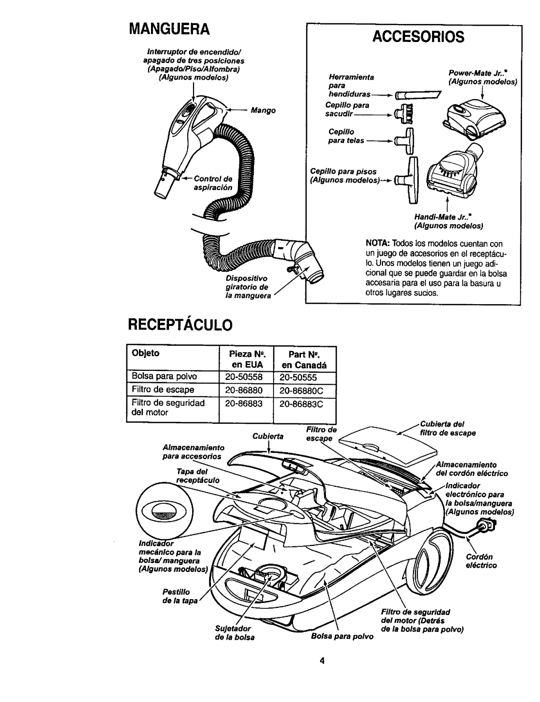 Kenmore 116.23513, 116.23512 owner manual Manguera, Filtro de 