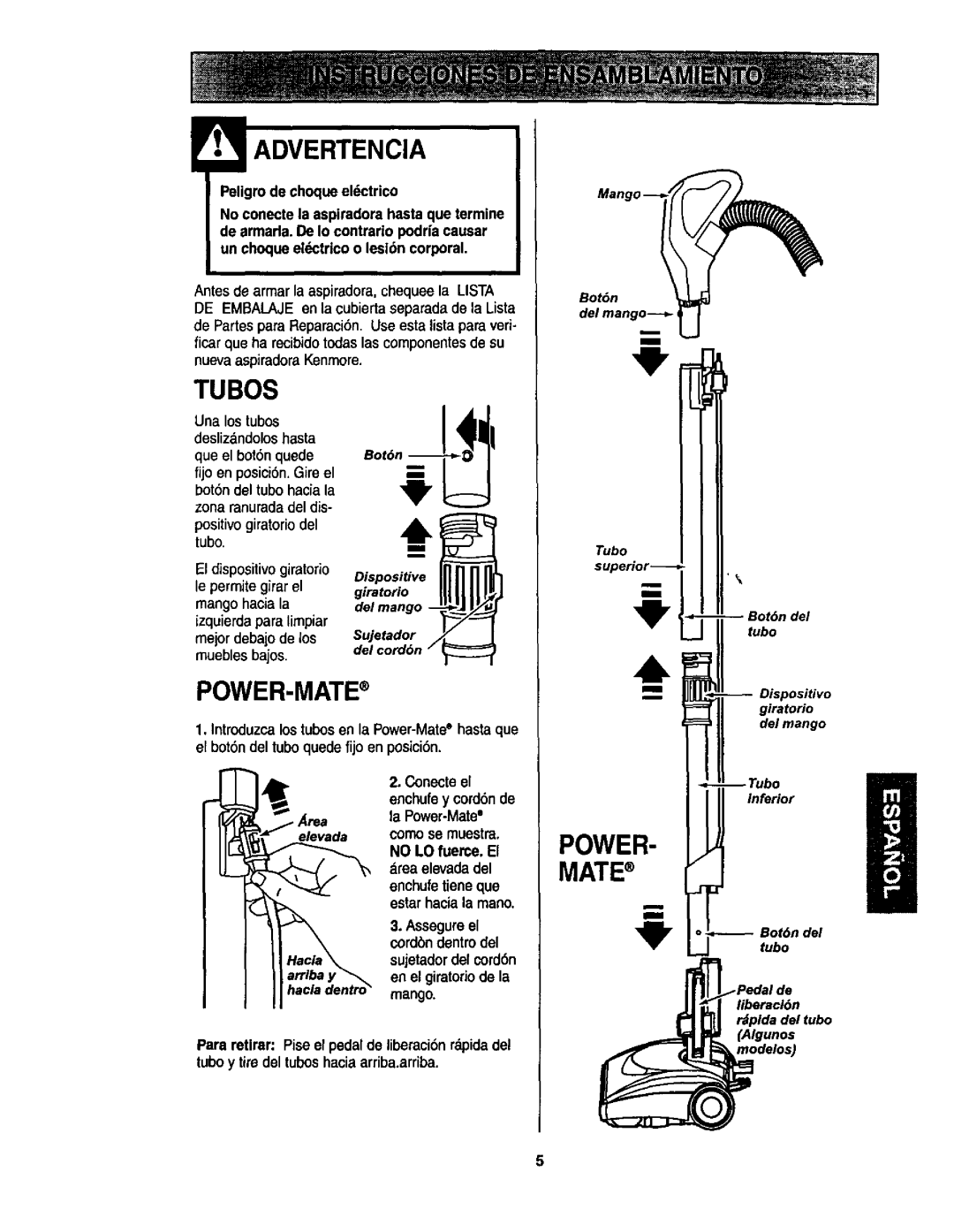 Kenmore 116.23512, 116.23513 owner manual Advertencia, Tubos, Power-Mate, Del mango Sujetador del cord6n, Hacla dentro mango 