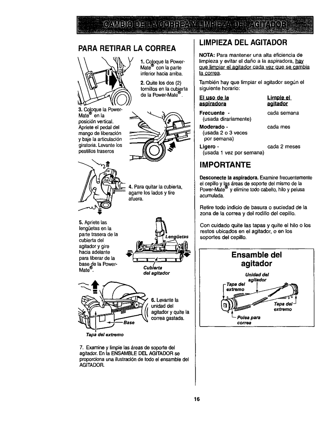 Kenmore 116.23513, 116.23512 owner manual Para Retirar LA Correa, Limpieza DEL Agitador, Importante, Unidaddel, Polea para 