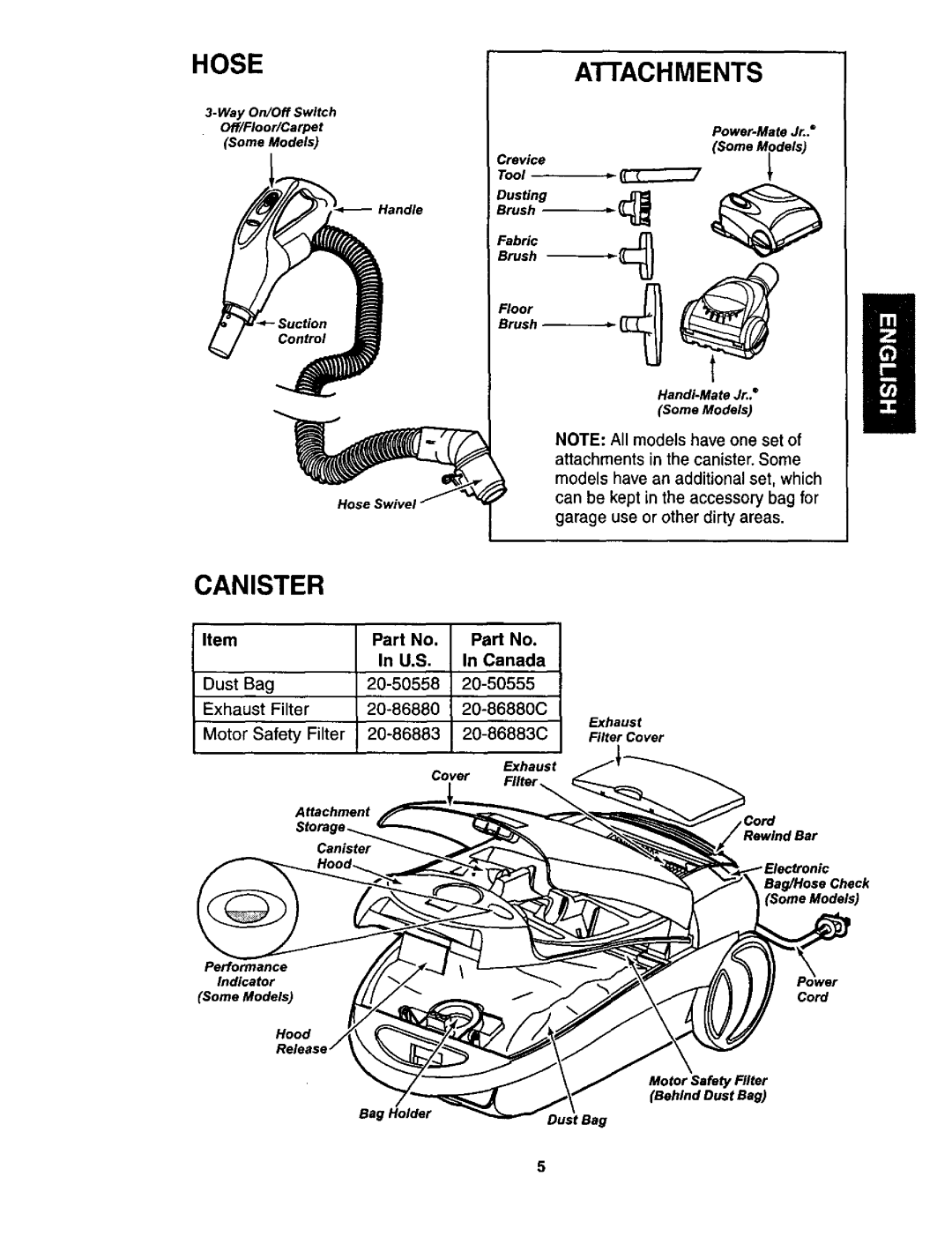 Kenmore 116.23512, 116.23513 owner manual Hose, Attachments, Motor Safety Filter 20-86883 20-86883C, Cord RBar 