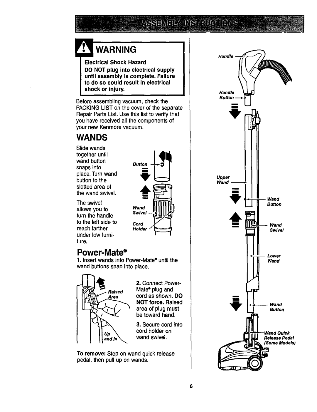 Kenmore 116.23513, 116.23512 owner manual Wands, Connect Power 