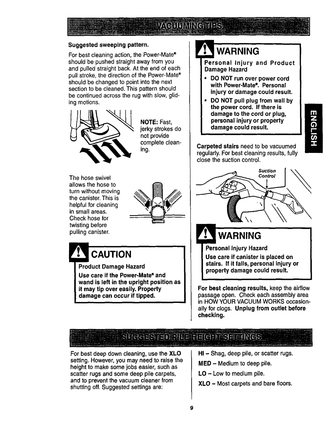 Kenmore 116.23512 Jerky strokes do not provide complete clean- ing, Personal Injury Hazard, Suggested sweeping pattern 