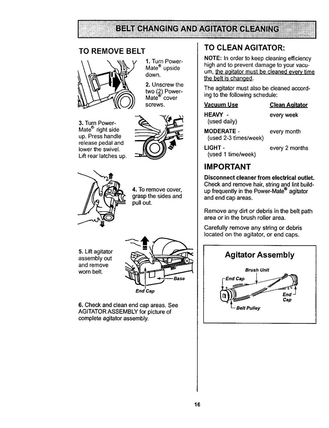 Kenmore 116.23613, 11623613300, 116.23812300, 116.23612 owner manual To Clean Agitator, To Remove Belt, Heavy, Moderate 