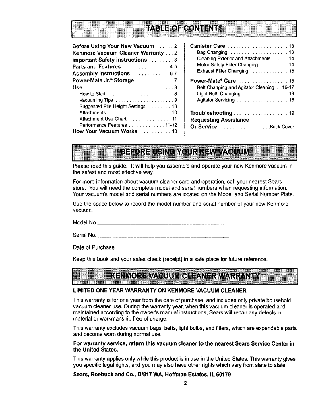 Kenmore 116.23812300 Or Service Back Cover How Your Vacuum Works, Limited ONE Year Warranty on Kenmore Vacuum Cleaner 