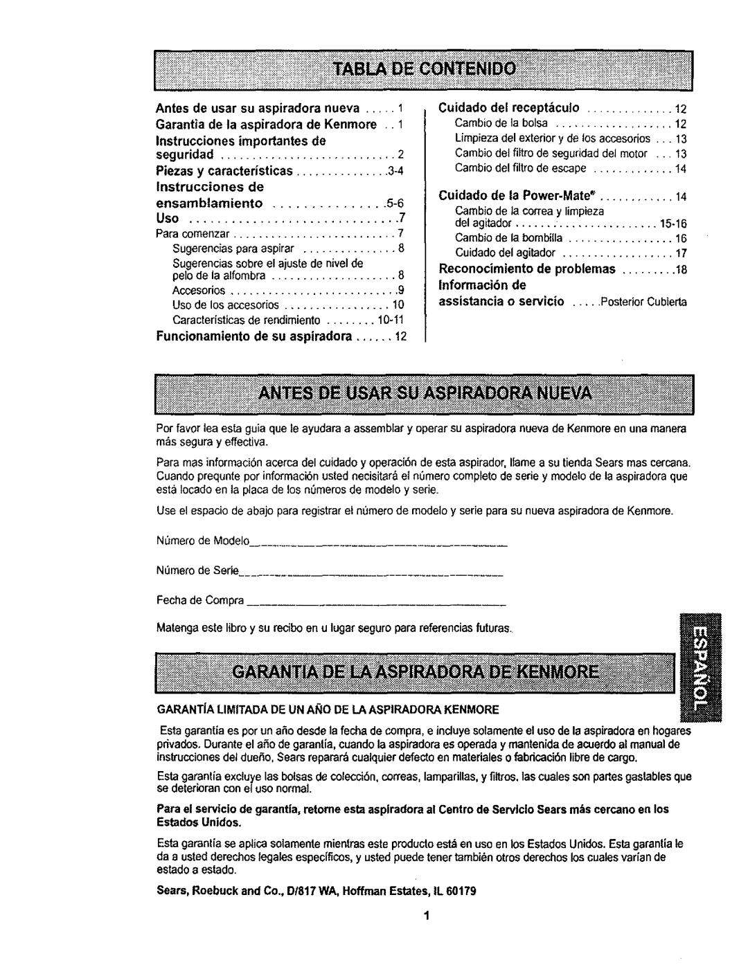 Kenmore 11623613300, 116.23613 En,I, Cuidado del receptculo Cambio de la bolsa, Cambio del filtro de seguridad del motor 