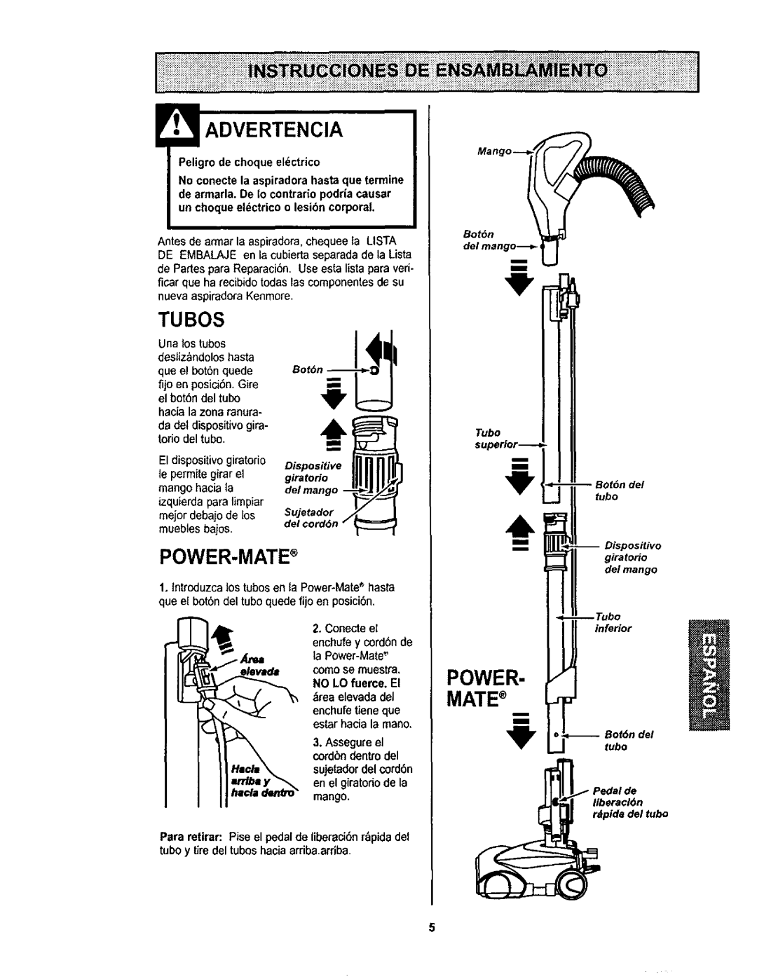 Kenmore 11623613300, 116.23613, 116.23812300, 116.23612 owner manual Advertencia, Tubos, Power-Mate 