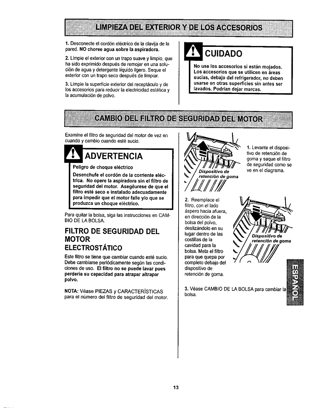 Kenmore 11623613300, 116.23613, 116.23812300, 116.23612 owner manual Filtro DE Seguridad DEL Motor Electrostatico 