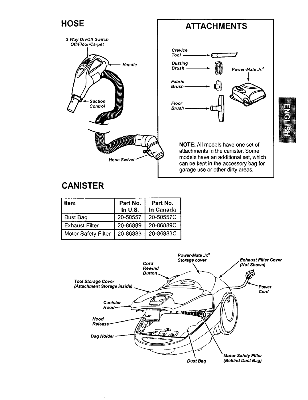 Kenmore 11623613300, 116.23613, 116.23812300, 116.23612 owner manual Hose, Attachments, U.S Canada 