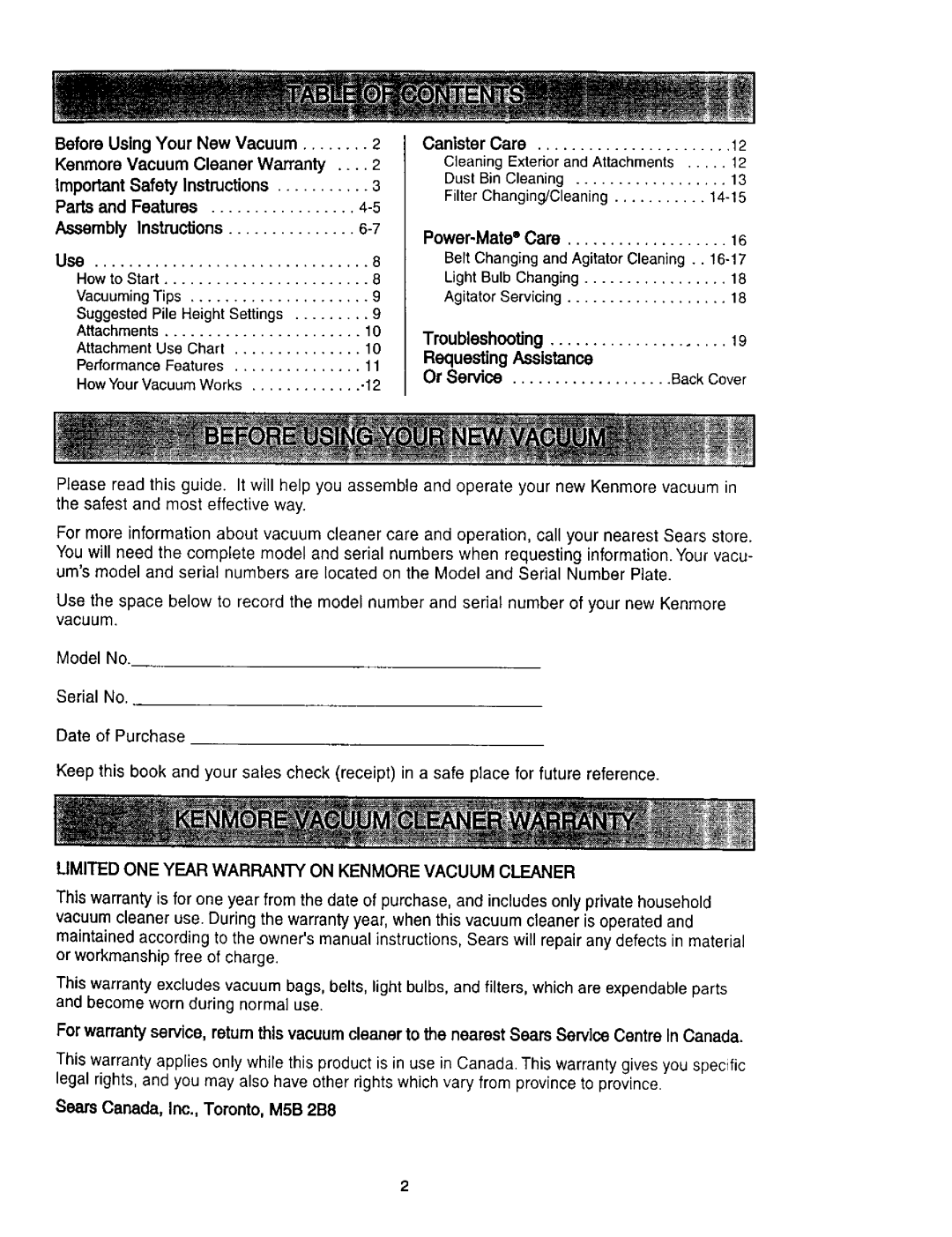 Kenmore 116.23637C owner manual Before Using Your New Vacuum, Kenmore Vacuum Cleaner Warranty, ImportantSafety Instructions 