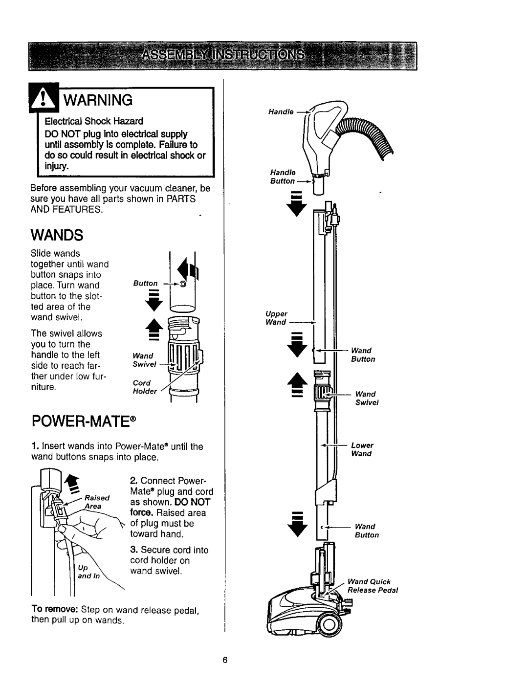 Kenmore 116.23637C owner manual Warnin GI, Wands, Mjury, Force. IRaisedt area Plug must be toward hand 