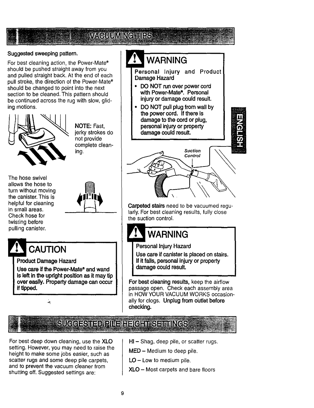 Kenmore 116.23637C Personal Injury and Product Damage Hazard, Personal Injury Hazard, Suggested sweeping pattern 