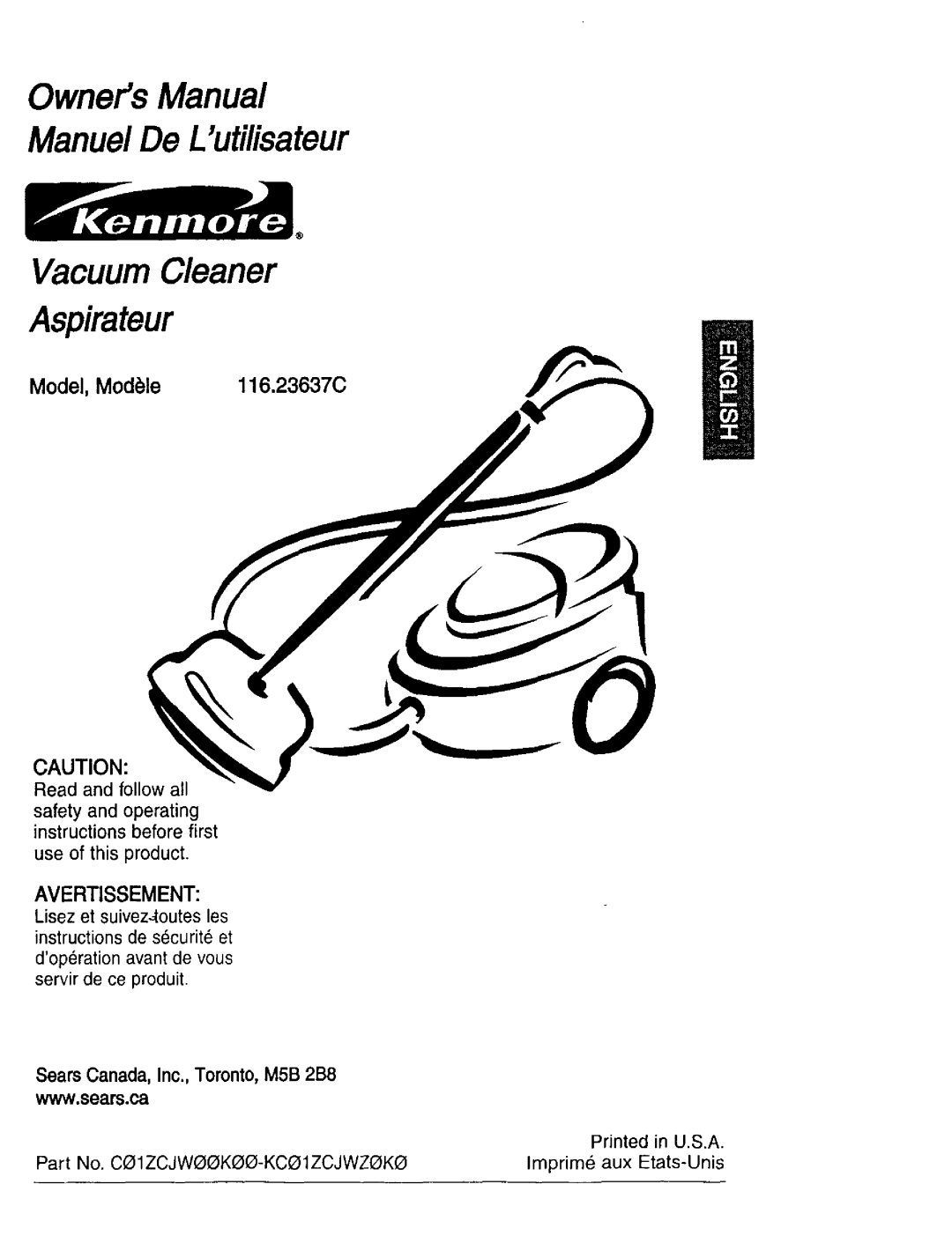 Kenmore 116.23637C owner manual Model, Mod .le, OwnersManual, Manuel De Lutilisateur, Vacuum Cleaner Aspirateur 