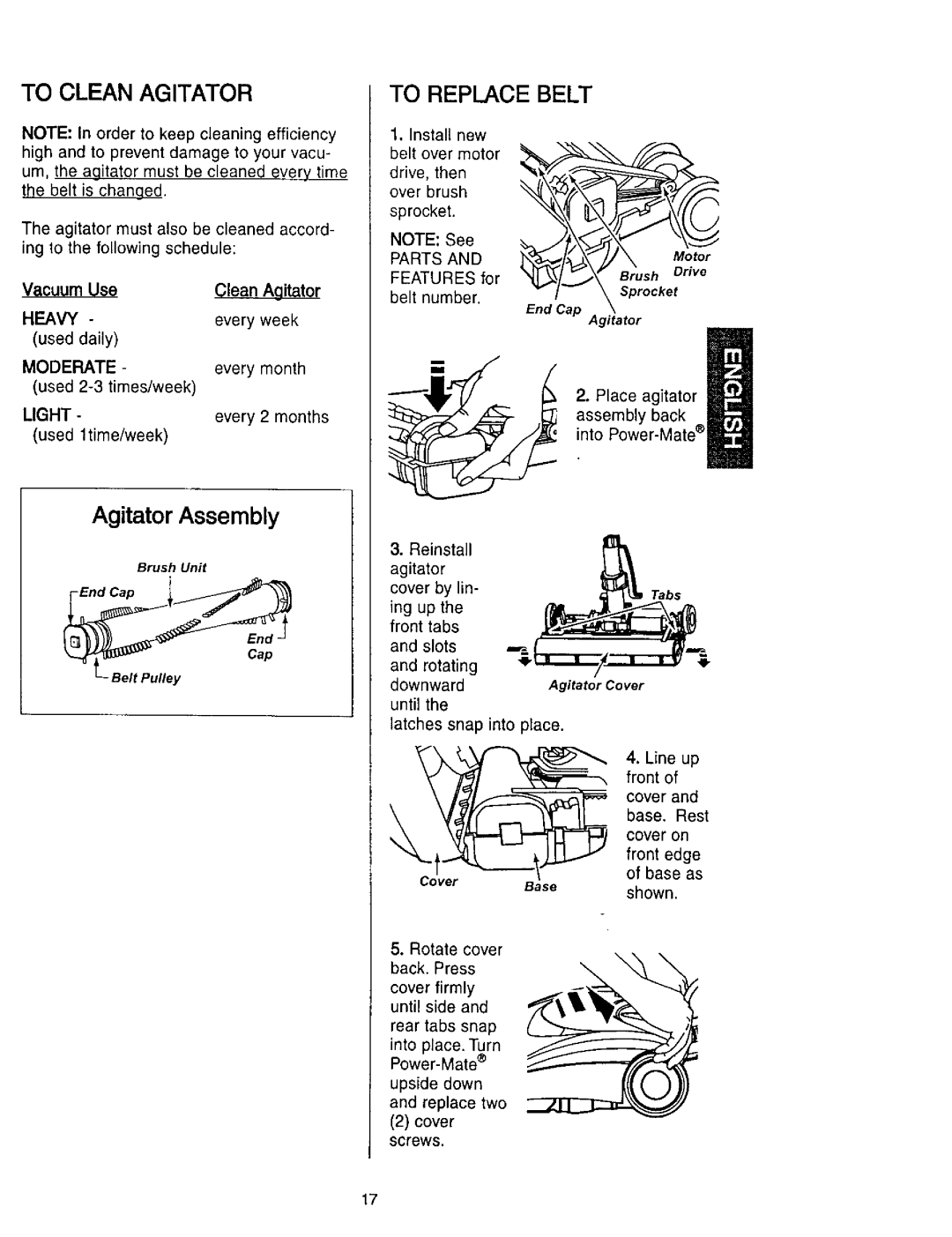Kenmore 116.23637C owner manual To Clean Agitator, To Replace Belt, Agitator Assembly, Vacuum, Heavy, used, daily, Moderate 