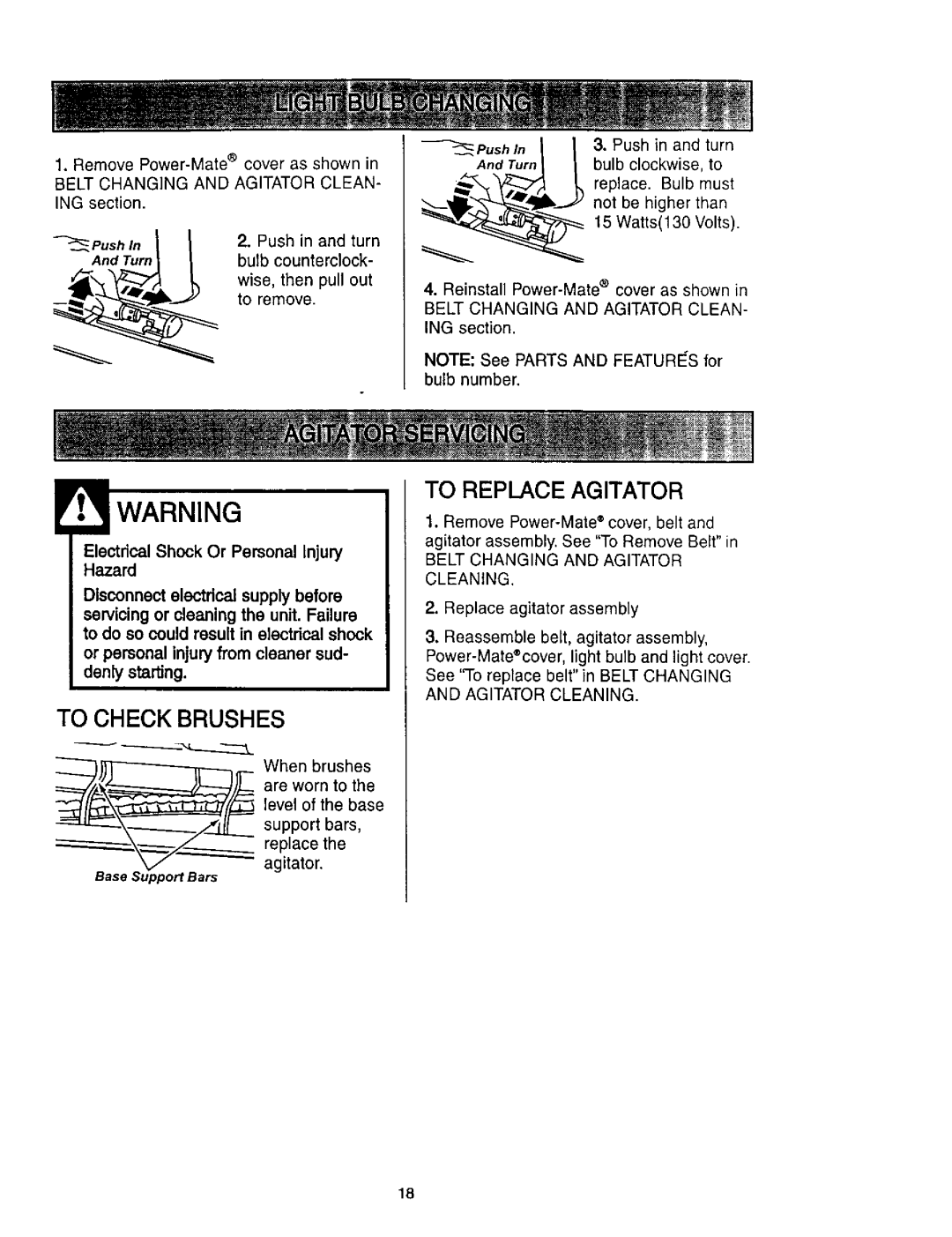 Kenmore 116.23637C owner manual E,f WARNING, To Replace Agitator, Whenbrushes, To Checkbrushes, And Turn 