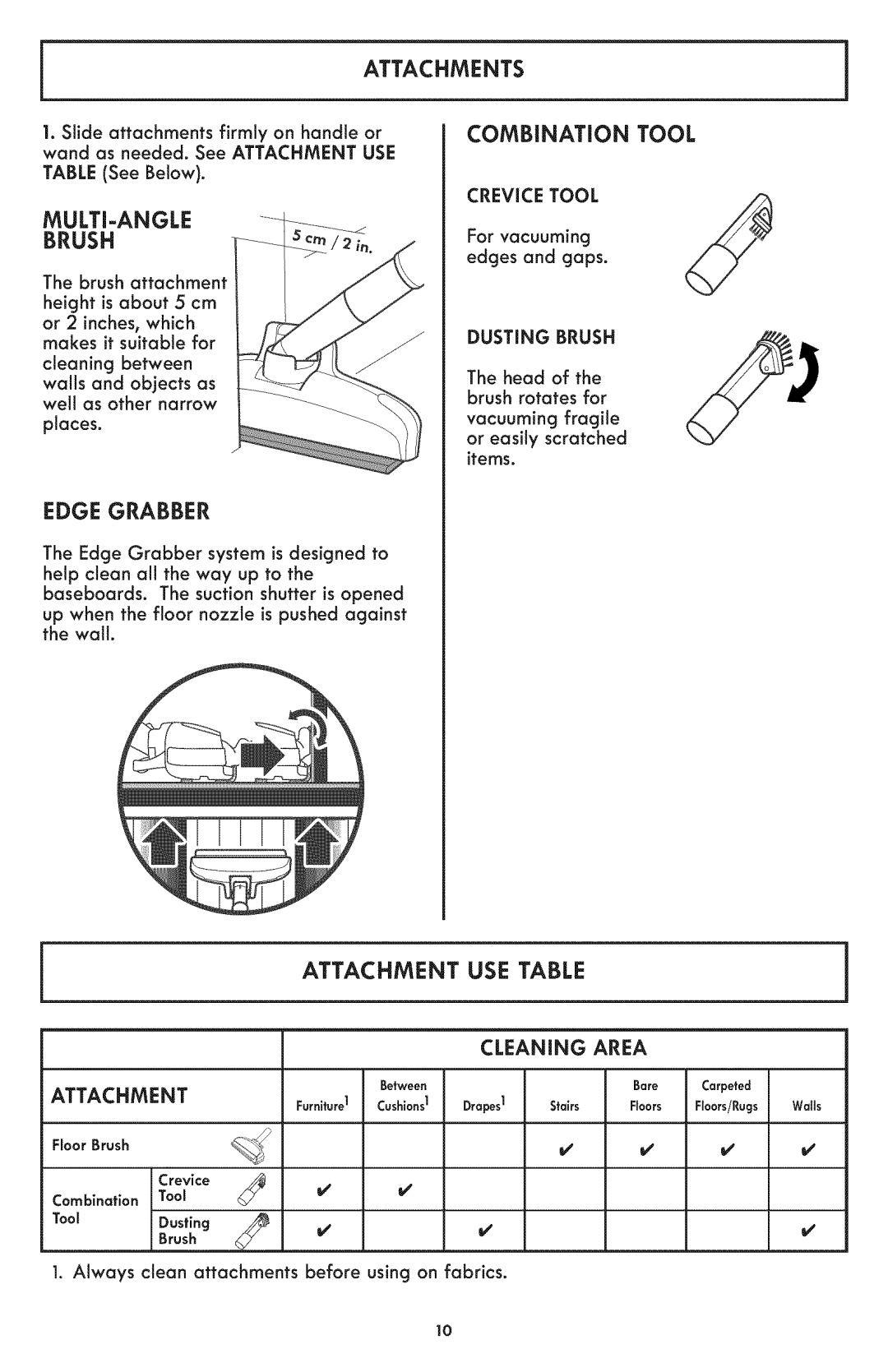 Kenmore 116.24194 manual Attachments, Combination Tool, Edge Grabber, For vacuuming edges and gaps 