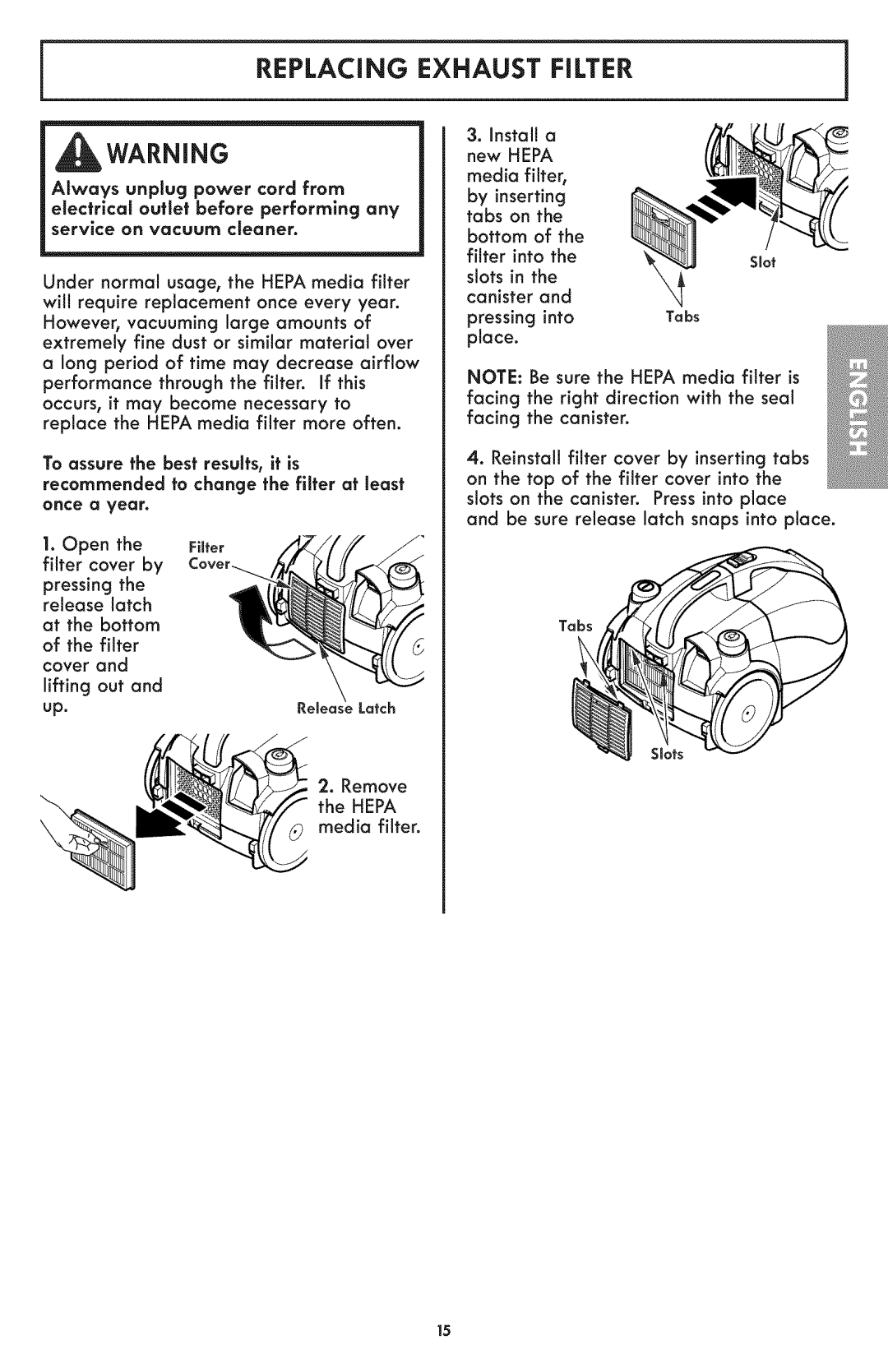 Kenmore 116.24194 manual Pressing the release latch, Cover Lifting Out, By inserting, Slots, Pressing Into 