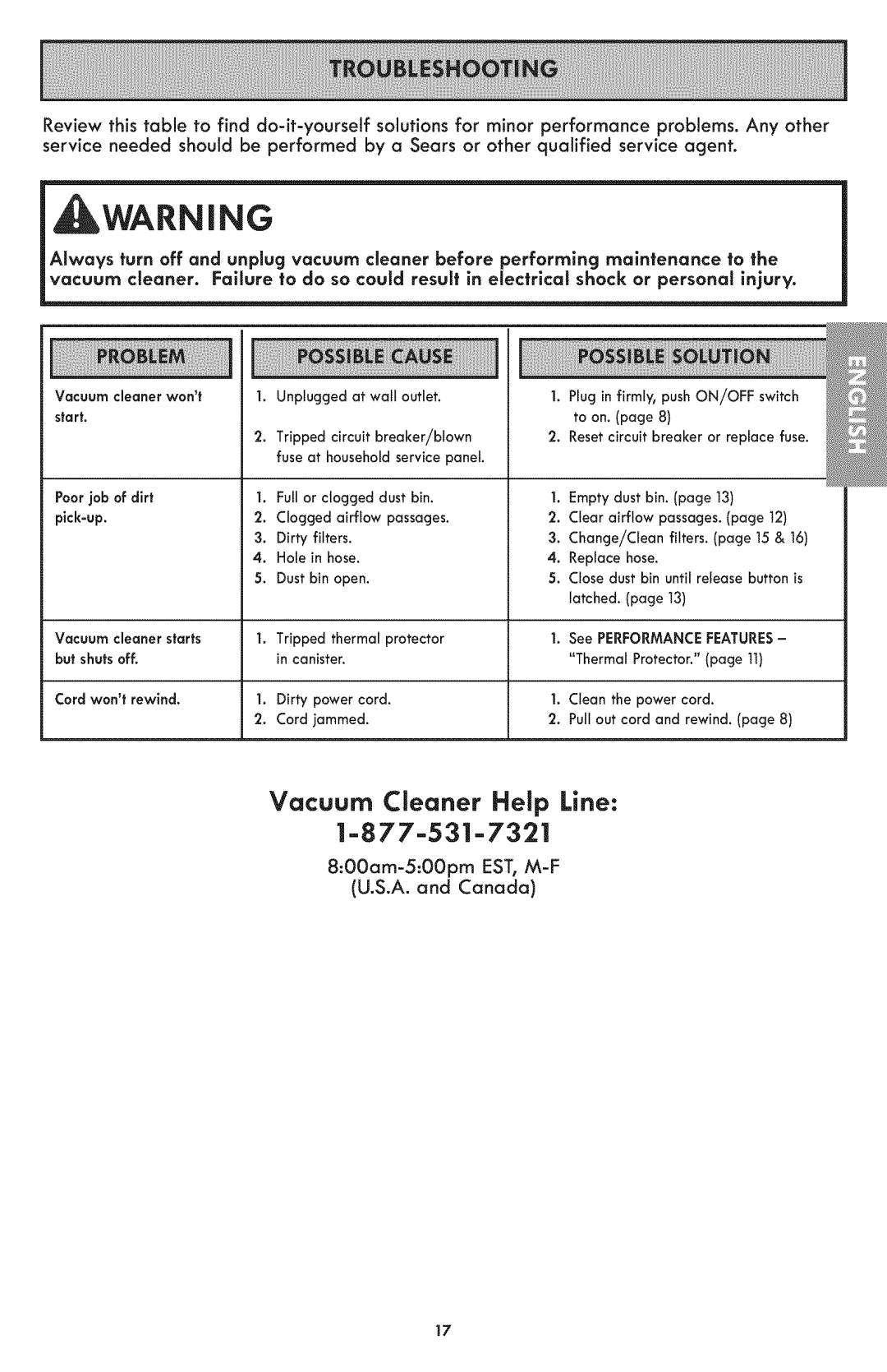 Kenmore 116.24194 manual 8OOam-5OOpm EST, M-F U.S.A. and Canada, Pick=up Vacuum cleaner starts but shuts off 