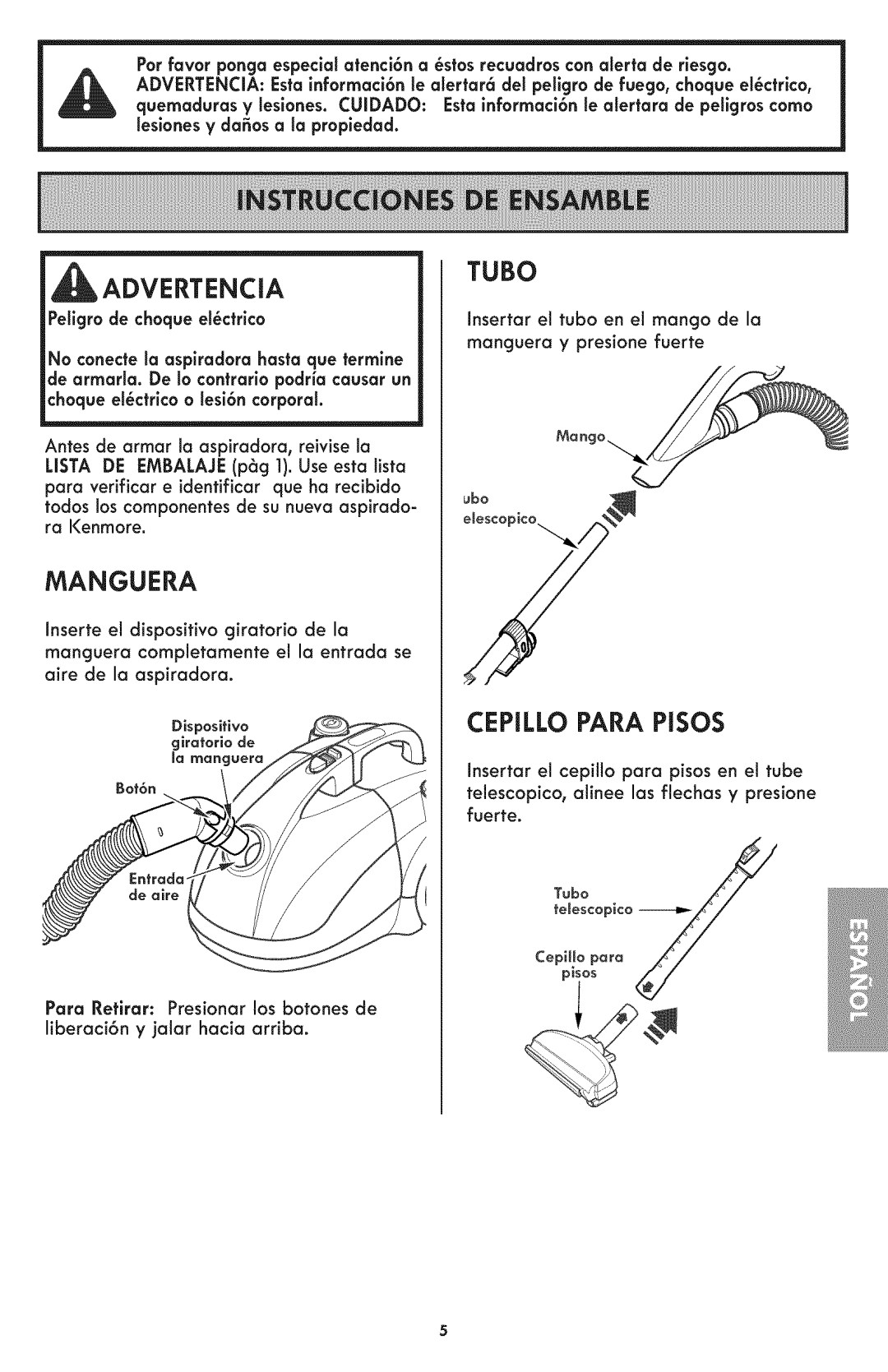 Kenmore 116.24194 manual Tubo, Manguera, Cepillo Para Pisos, Para Refirar Presionar los botones de 