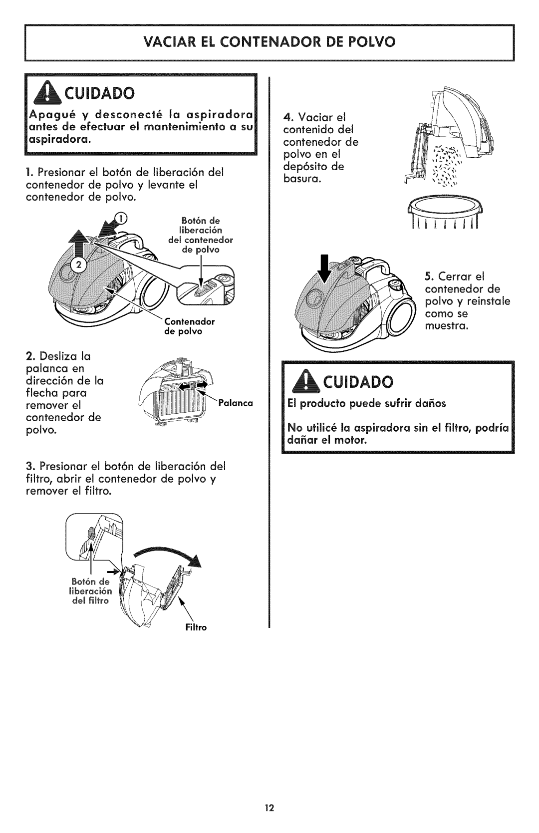 Kenmore 116.24194 manual Vaciar EL Contenador DE Polvo, Asplradora, Desliza la, Palanca en, Bot6n de 
