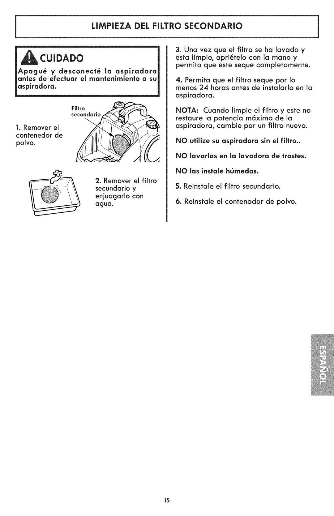 Kenmore 116.24194 manual Limpieza DEL Filtro Secondario, Polvo, Secundario y 