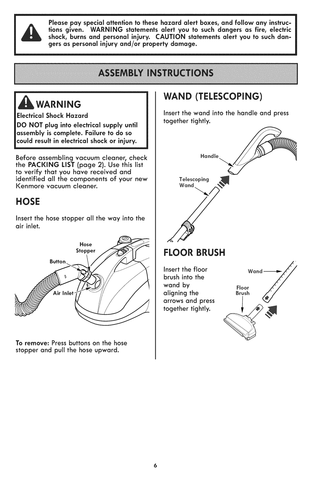 Kenmore 116.24194 manual Floor Brush, To remove Pressbuttons on the hose, Stopper and pull the hose upward 