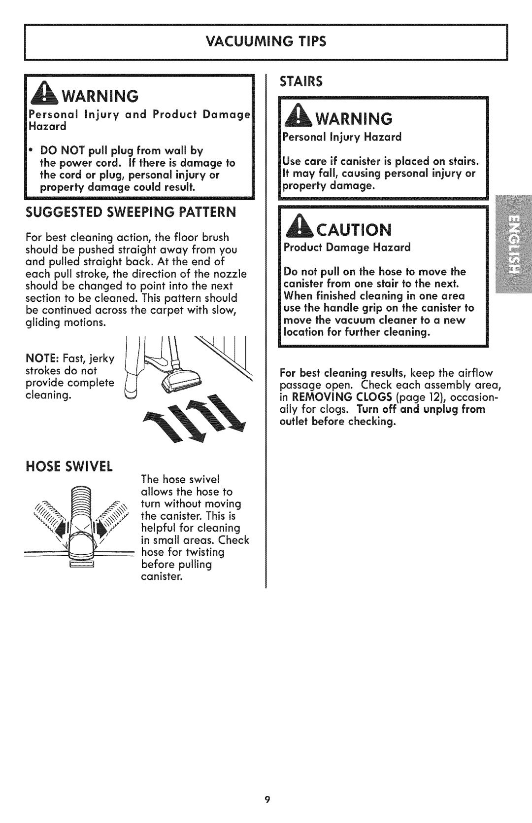 Kenmore 116.24194 manual Stairs, Suggested Sweeping Pattern, Hose Swivel 