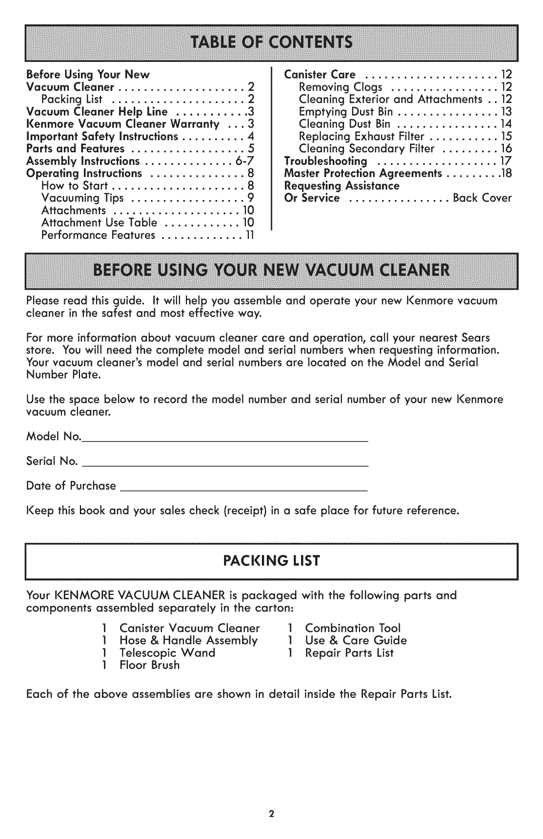 Kenmore 116.24194 manual PACKING LiST, Before Using Your New, Vacuum Cleaner Help Line, Kenmore Vacuum Cleaner Warranty 