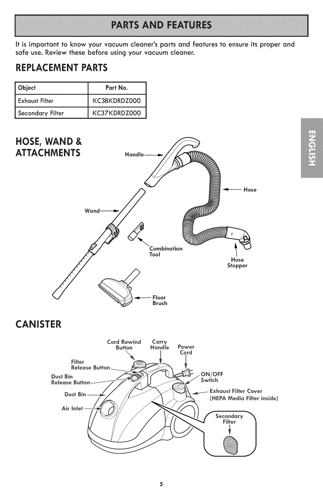Kenmore 116.24194 manual Replacement Parts, Hose, Wand, Attachments, Canister, Cord Rewind Carr¥, Button Handle Power 