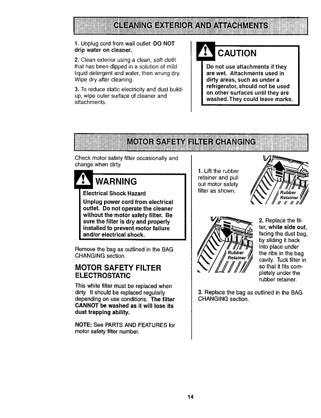 Kenmore 116.24614 owner manual Motor Safety Filter Electrostatic, Replace the fil- ter, white side out 