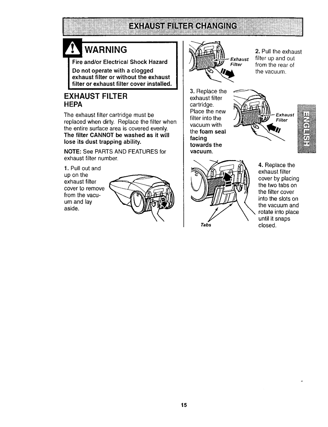 Kenmore 116.24614 owner manual Exhaust Filter Hepa, Lose its dust trapping ability 