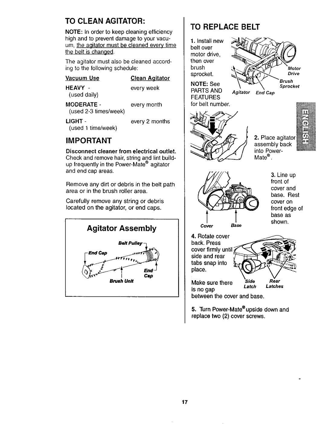 Kenmore 116.24614 owner manual To Clean Agitator, To Replace Belt 