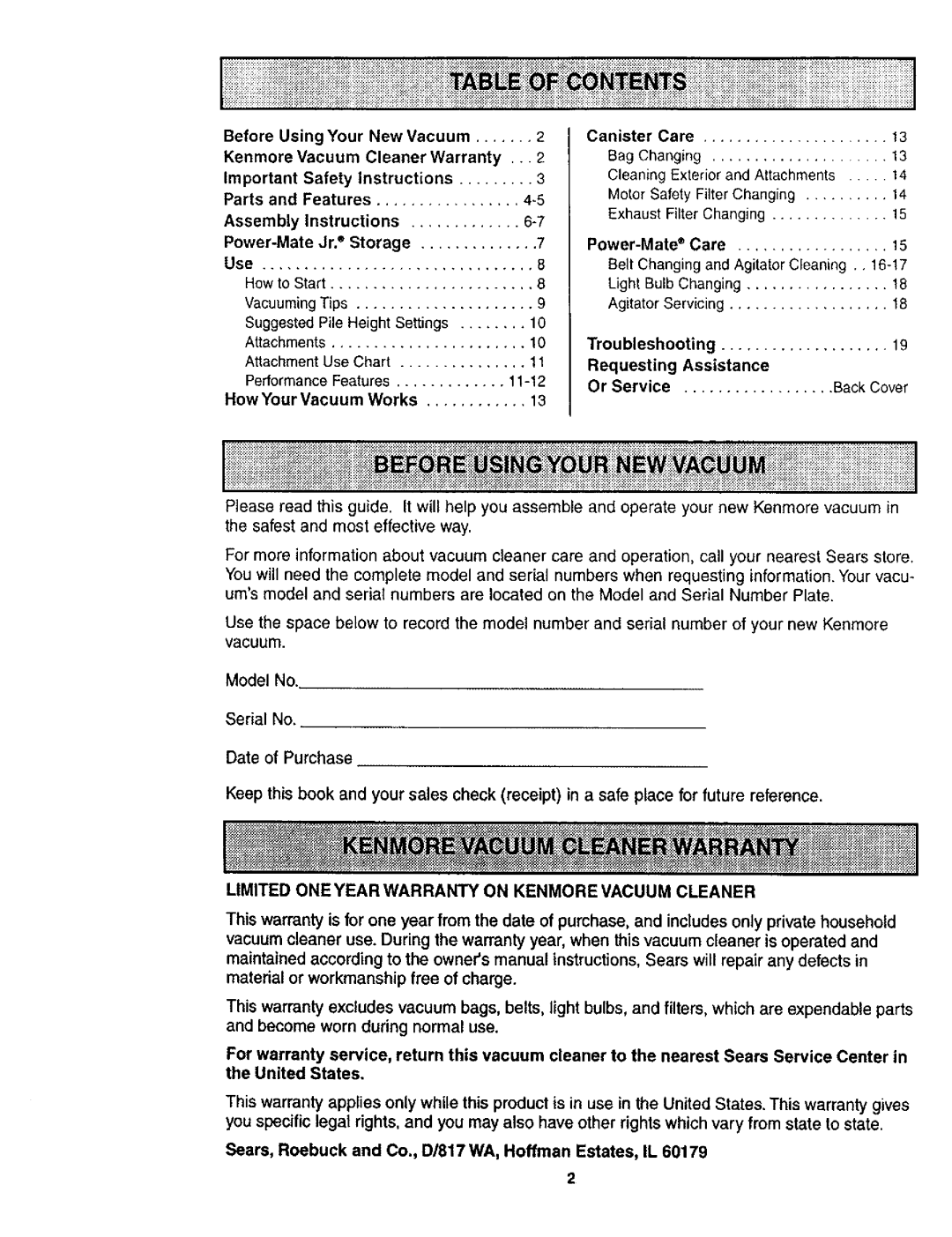 Kenmore 116.24614 Before Using Your New Vacuum, Kenmore Vacuum Cleaner Warranty, Safety Instructions, Power-Mate 