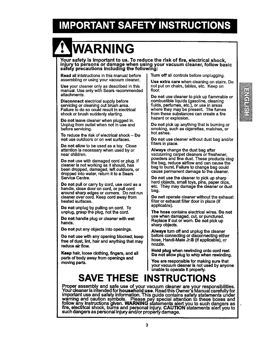 Kenmore 116.24614 owner manual Save These Instructions 