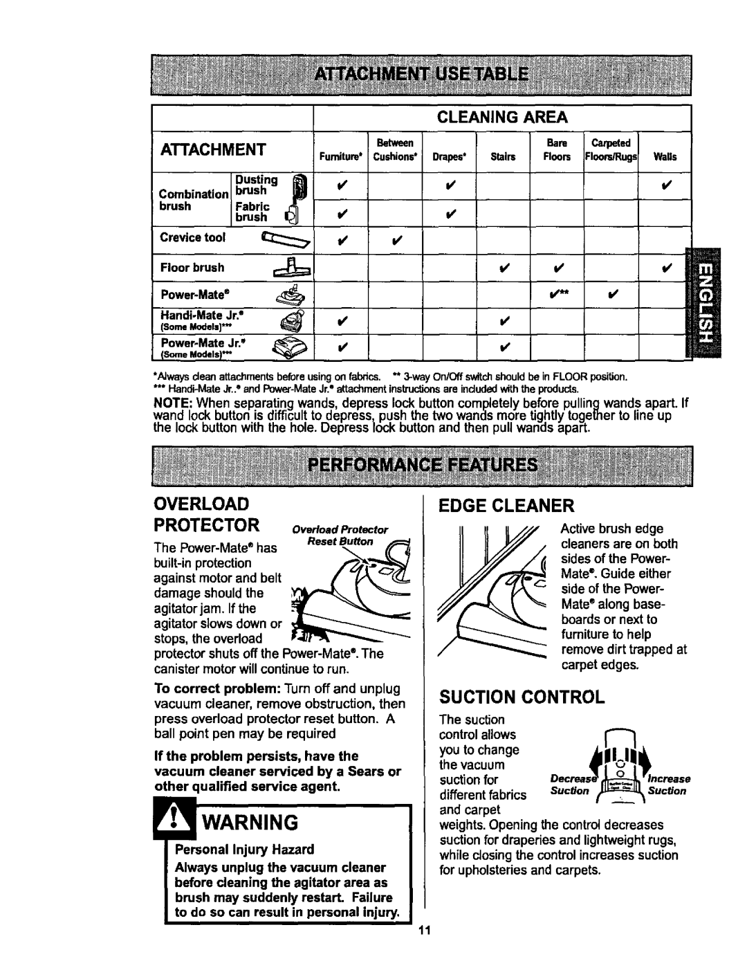 Kenmore 116.25513, 116.25512 owner manual Overload, Edge Cleaner, Suction Control 