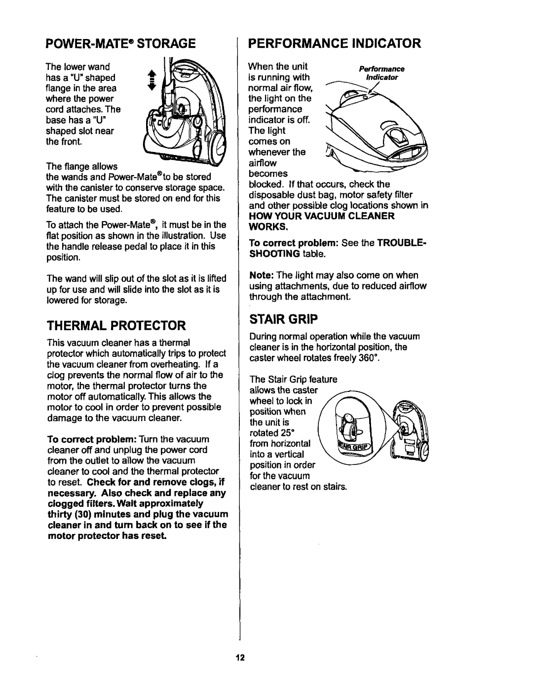 Kenmore 116.25512, 116.25513 owner manual POWER-MATE Storage, Thermal Protector, Performance Indicator, Stair Grip 