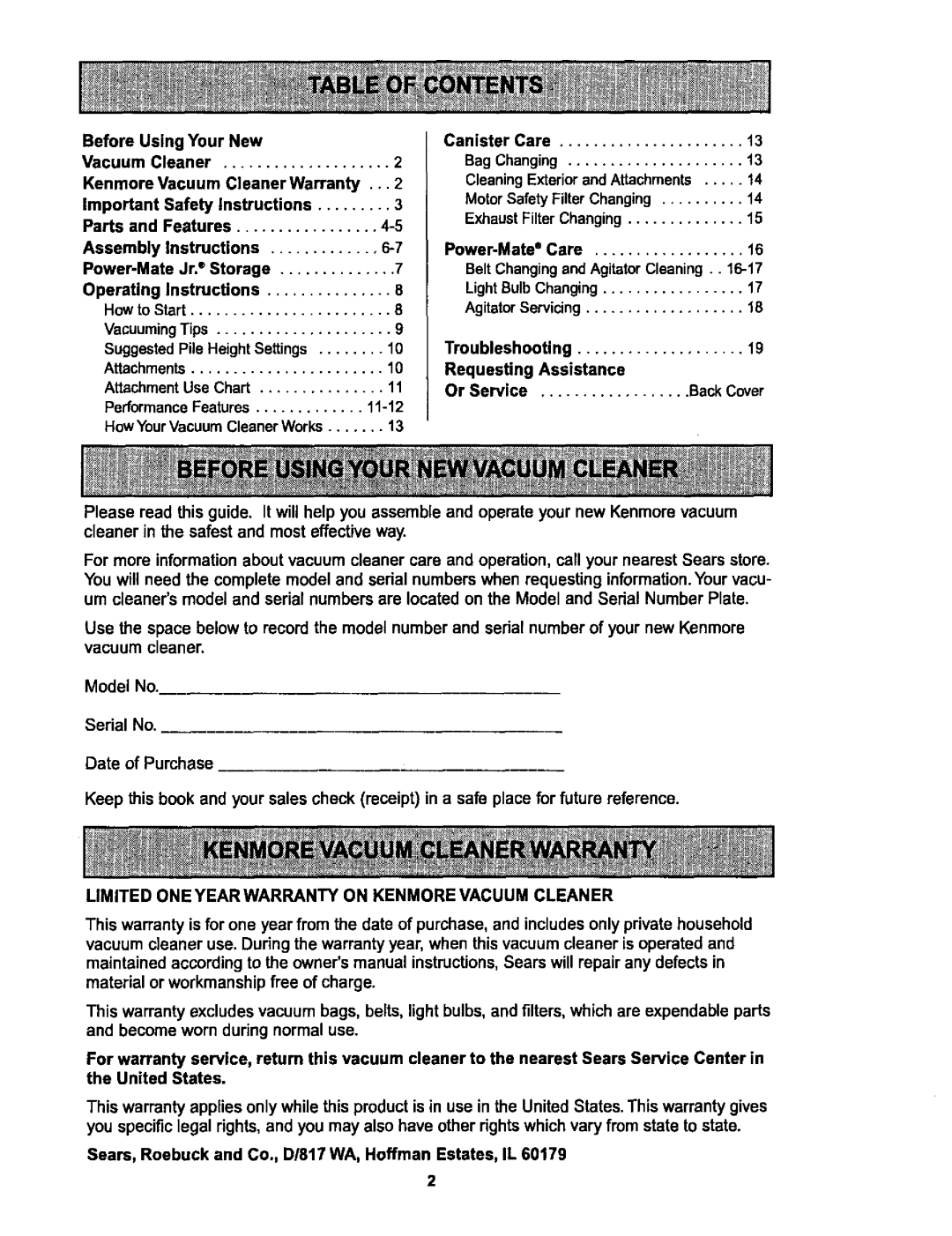 Kenmore 116.25512, 116.25513 owner manual Serial No, Limited ONE Year Warranty on Kenmore Vacuum Cleaner 