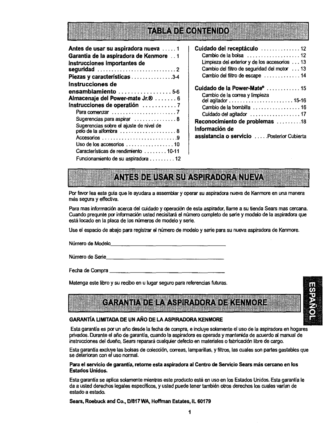 Kenmore 116.25512, 116.25513 owner manual Antes de usar su aspiradora nueva, Garantia de la aspiradora de Kenmore 