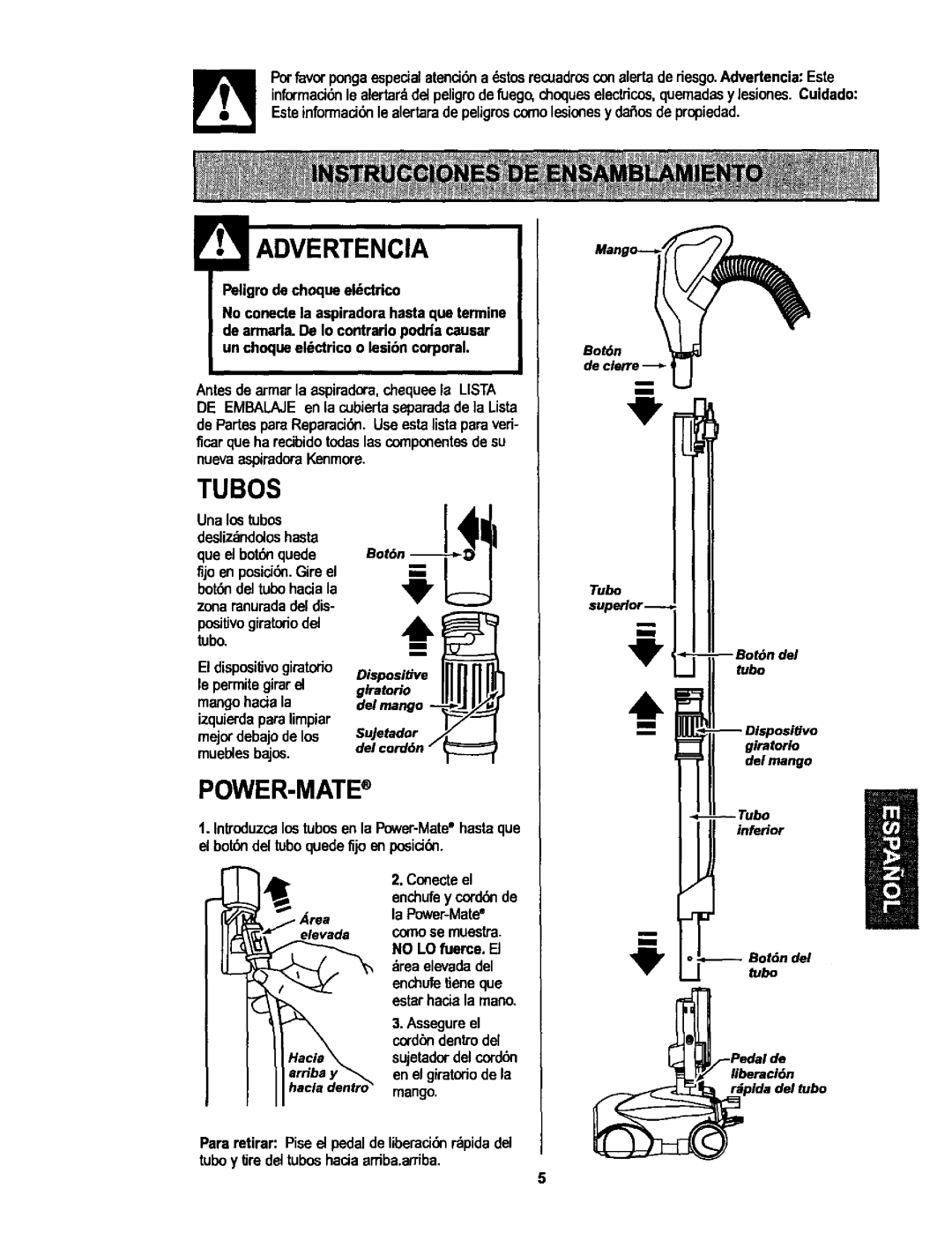 Kenmore 116.25512, 116.25513 owner manual Advertencia, Tubos, Power-Mate 