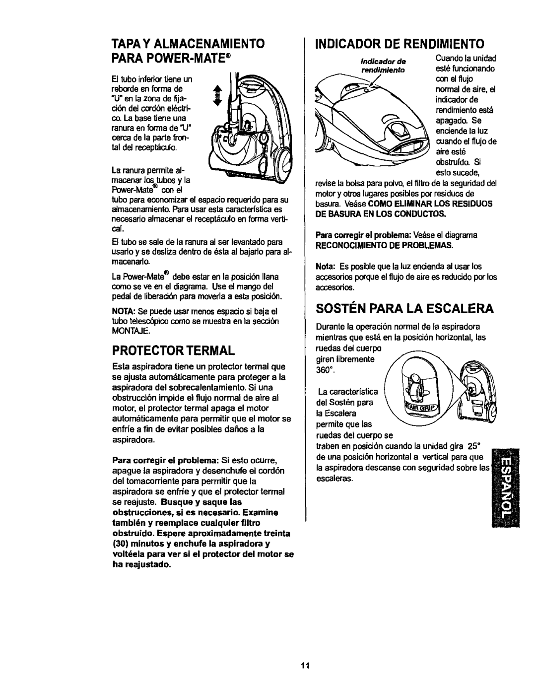 Kenmore 116.25512, 116.25513 owner manual Protector Termal, Indicador DE Rendimiento, SOST#N Para LA Escalera 