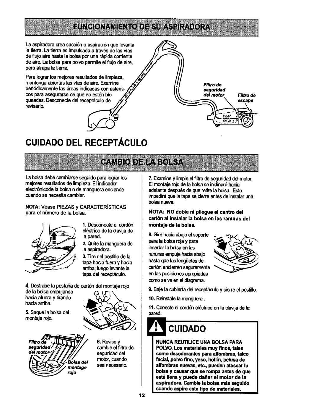 Kenmore 116.25513, 116.25512 owner manual Cuidado DEL Receptaculo 