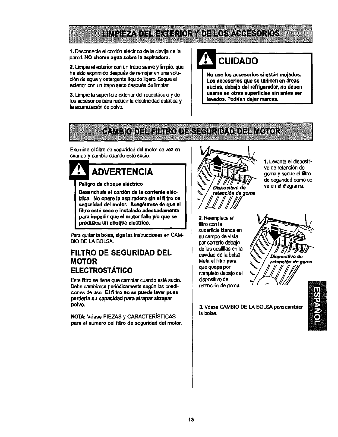 Kenmore 116.25512, 116.25513 owner manual Cuidado, Filtro DE Seguridad DEL Motor Electrostatico, BIO DE LA Bolsa 