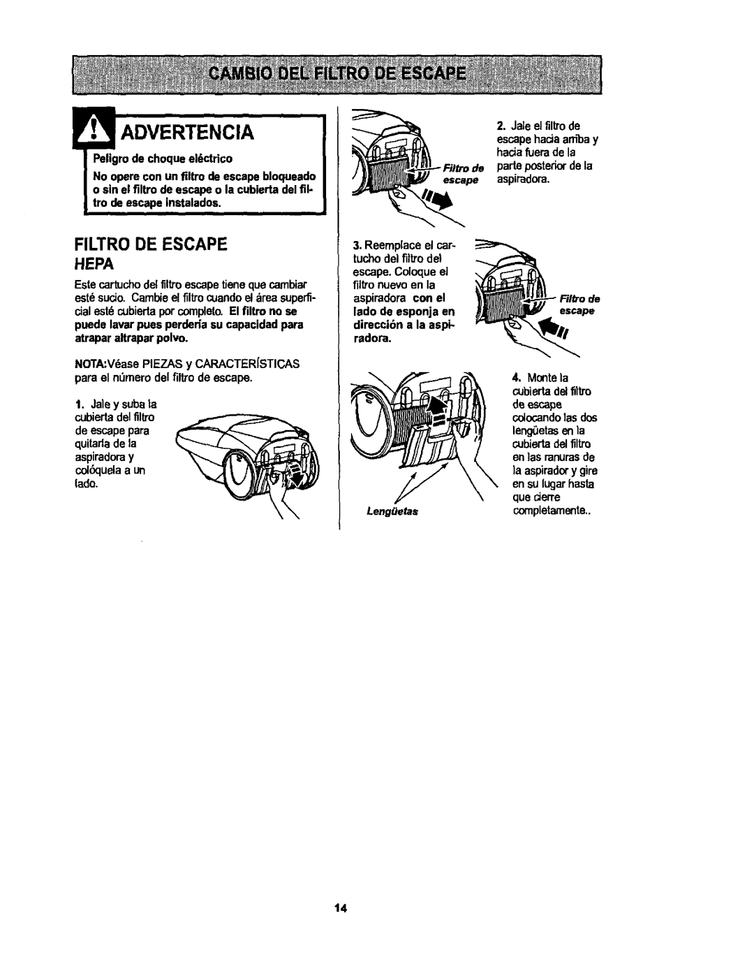 Kenmore 116.25513, 116.25512 owner manual Advertencia, Filtro DE Escape Hepa 