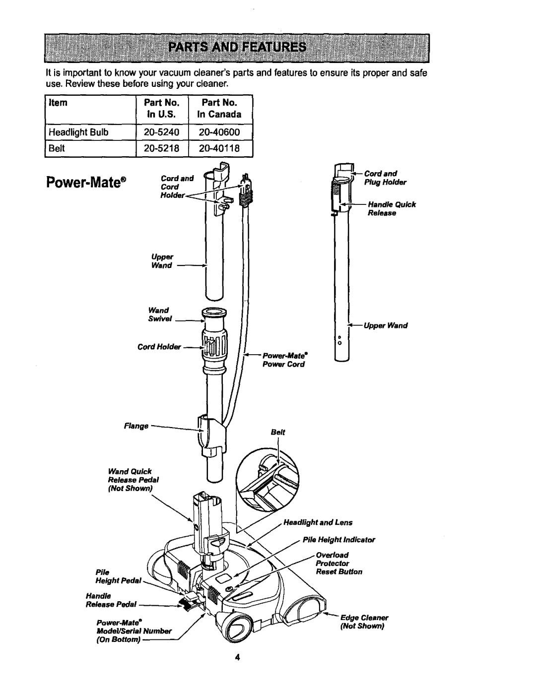 Kenmore 116.25512, 116.25513 owner manual Power-Mate Cord 