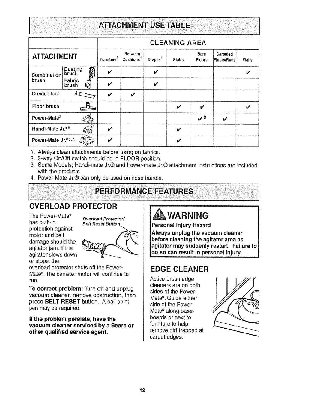 Kenmore 116.25812 owner manual Overload Protector, Edge Cleaner, Combination BDUstng, Brush, Power-Mate Jro3 